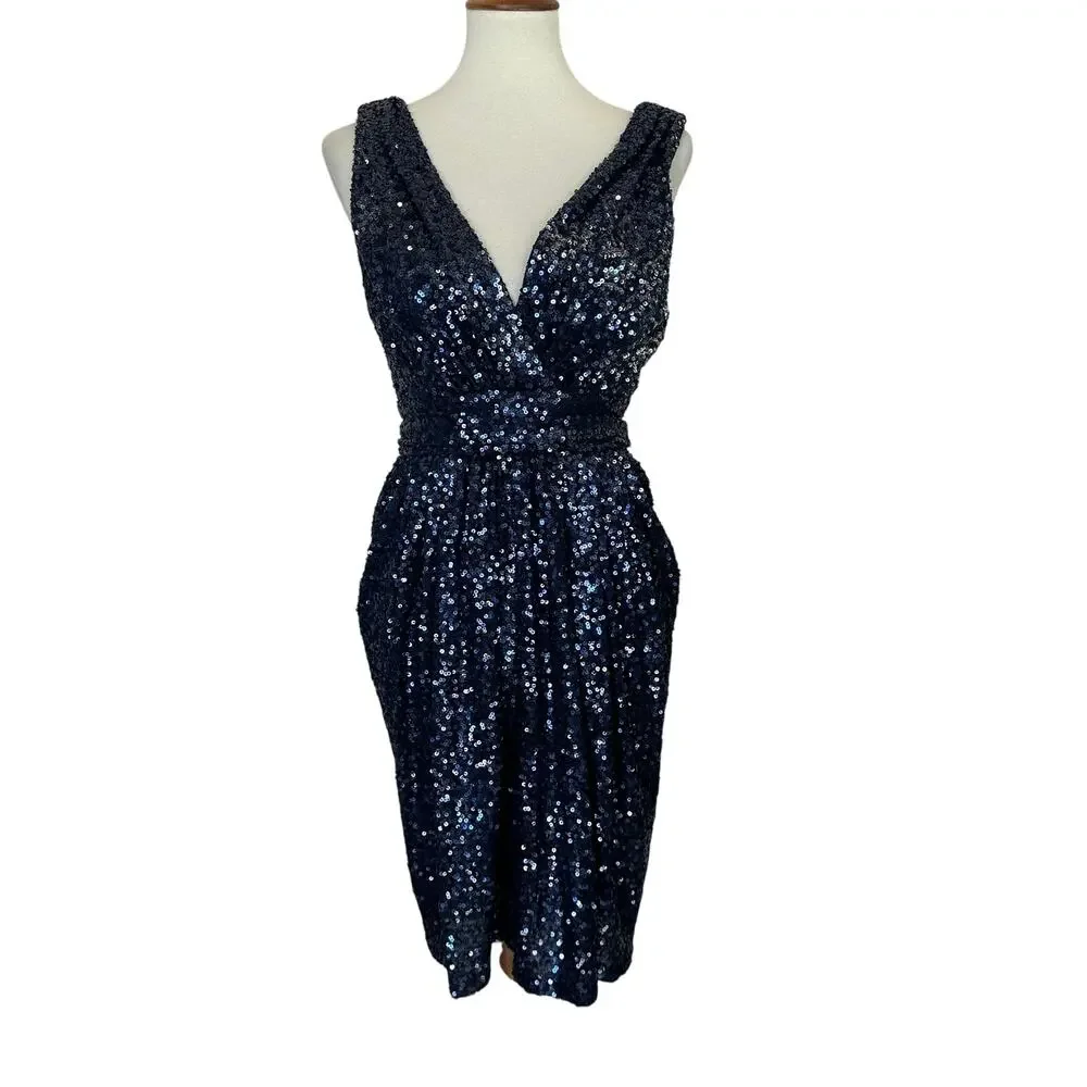 Badgley Mischka Blue Sequin Sheath Dress Size 6 Ruched Designer Cocktail $395 - Picture 4 of 9